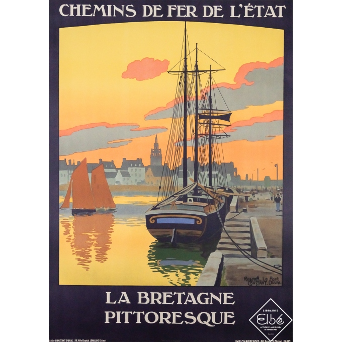 Affiche ancienne de voyage - Bretagne Pittoresque - Roscoff - Le Port - Constant Duval - 1920 - 105 par 75.5 cm