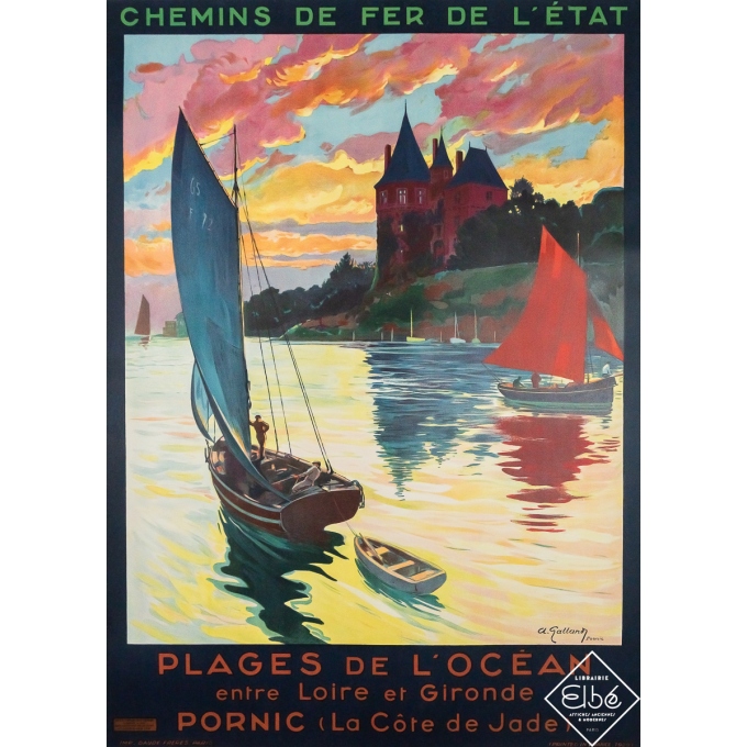 Affiche ancienne de voyage - Pornic Plages de l'océan - Albert Galland - 1929 - 105.5 par 76 cm$