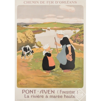 Vintage travel poster - Pont-Aven - Finistère - La Rivière à Marée Haute - Georges Meunier - 1914 - 41.3 by 29.7 inches