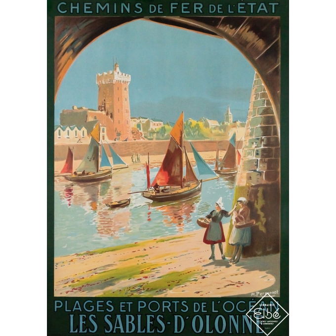 Affiche ancienne de voyage - Les Sables d'Olonne - Plages et Ports de l'océan - M. Perronnet - 1928 - 105 par 76 cm