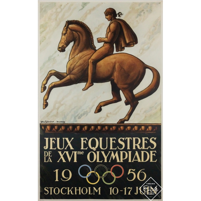 Affiche ancienne originale - Jeux équestres de la XVIe Olympiade à Stockholm - John Sjôsvärd - 1956 - 99.5 par 62 cm