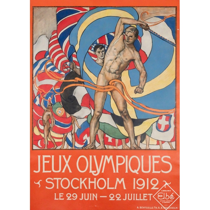 Affiche ancienne originale - Jeux Olympiques de Stockholm 1912 - Olle Hjortzberg - 1912 - 104 par 74 cm