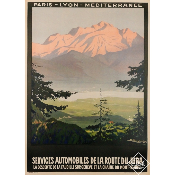 Affiche ancienne de voyage - Services automobiles de la route du Jura - Mont Blanc - Géo Dorival - 1920 - 107 par 77.5 cm