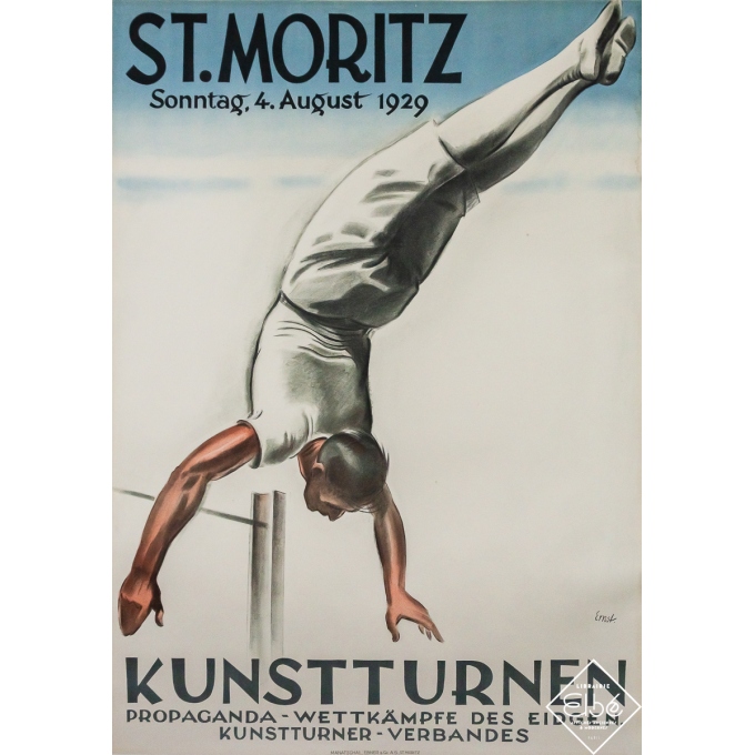 Affiche ancienne originale - St-Moritz - Kunstturnen - Max Ernst - 1929 - 126 par 71 cm