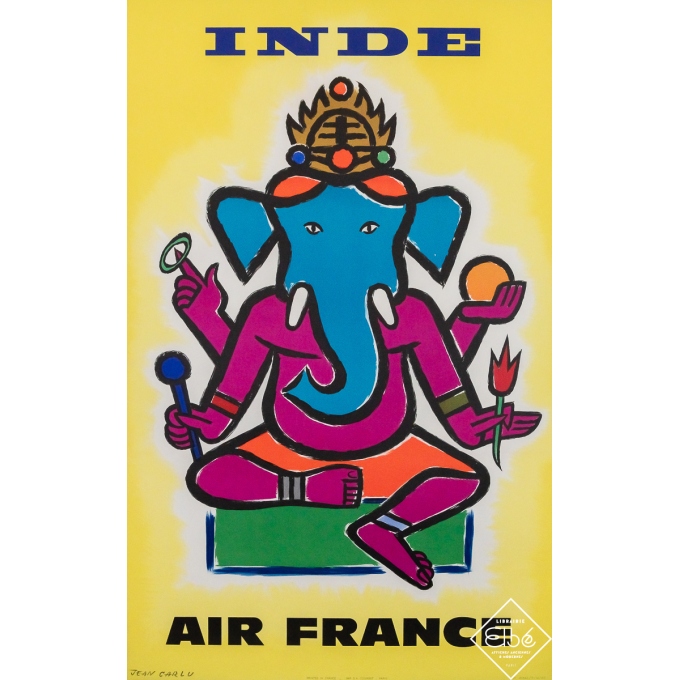 Affiche ancienne originale de voyage - Air France Inde - Jean Carlu - 99 par 62 cm