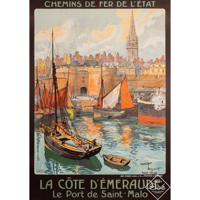 Affiche ancienne originale de voyage - La côte d’émeraude - Le port de Saint-Malo - Maurice Toussaint - 105 par 75 cm