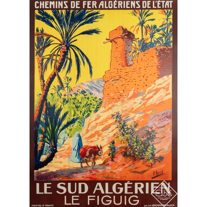 Affiche ancienne originale de voyage - Le sud algérien - Le Figuig - Herzig - 105 par 75 cm