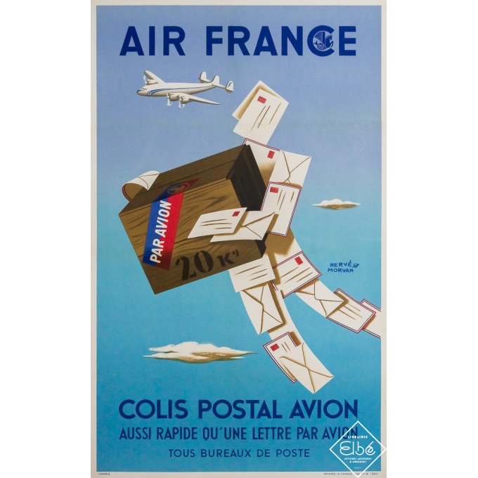 Original vintage advertising poster Air France Colis postal avion - Hervé Morvan - 39.37 by 24.41 inches