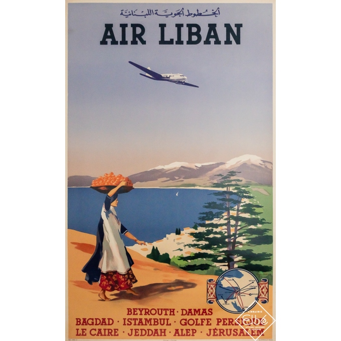 Affiche ancienne originale de voyage - Air Liban - Vincent Guerra - Circa 1950 - 98 par 61 cm