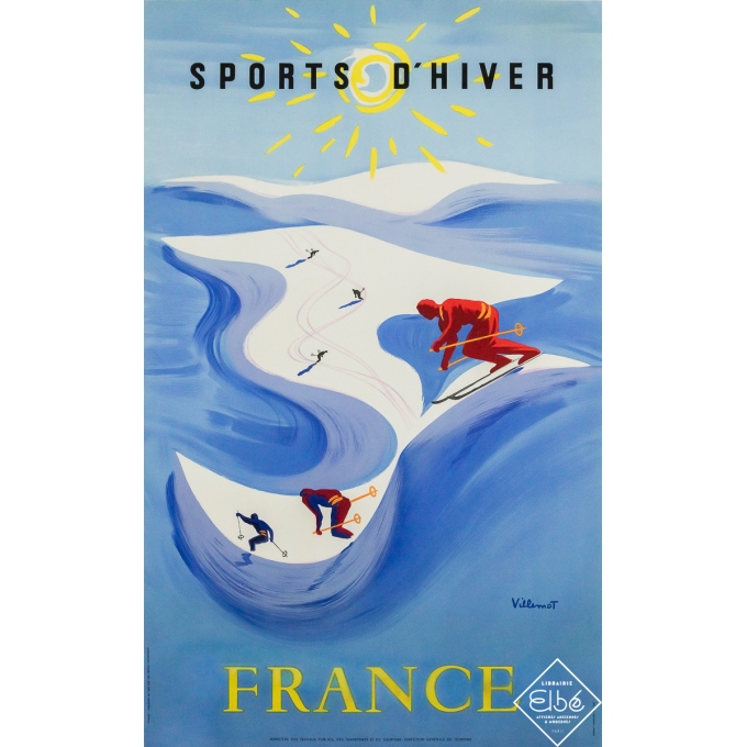 Affiche ancienne originale de voyage - Sports d’hiver en France - Bernard Villemot - Circa 1950 - 99.5 par 61 cm