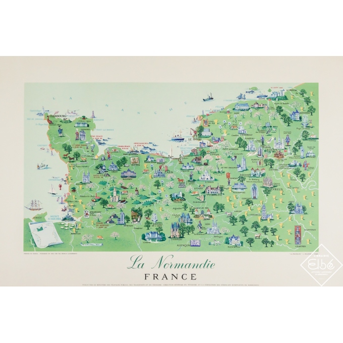 Affiche ancienne originale de voyage - La Normandie - carte - Circa 1950 - 65 par 99 cm