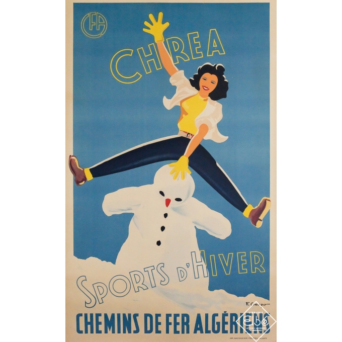 Original vintage travel poster Chrea - Sports d’hiver - Algérie  - F. Crespo  - Circa 1950 - 39.37 by 24.8 inches