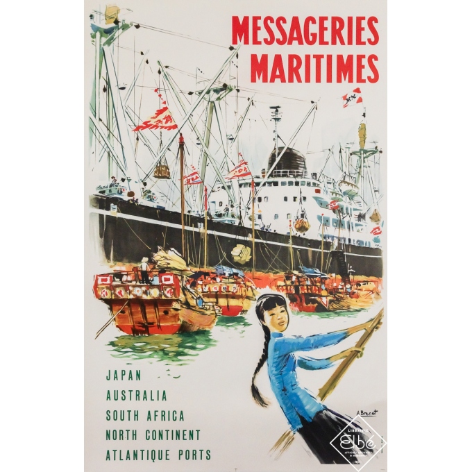 Original vintage poster Messageries Maritimes - Japan Australia South Africa - Albert Brenet - Circa 1950 - 39.37 by 25.59 "