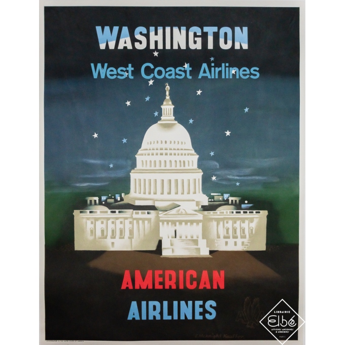 Affiche ancienne originale de voyage - Washington American Airlines - E. McKnight Kauffer - Circa 1950 - 101 par 77 cm