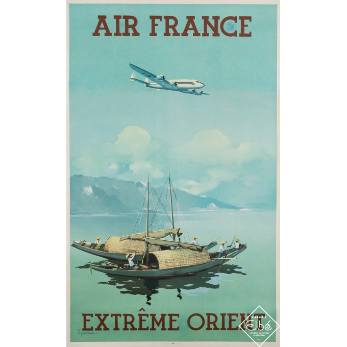 Original vintage travel poster Air France Far East - Vincent Guerra - 38.98 by 24.02 inches