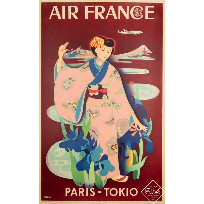 Affiche ancienne originale de voyage - Air France Paris-Tokio - Tabuchi - 100 par 62 cm