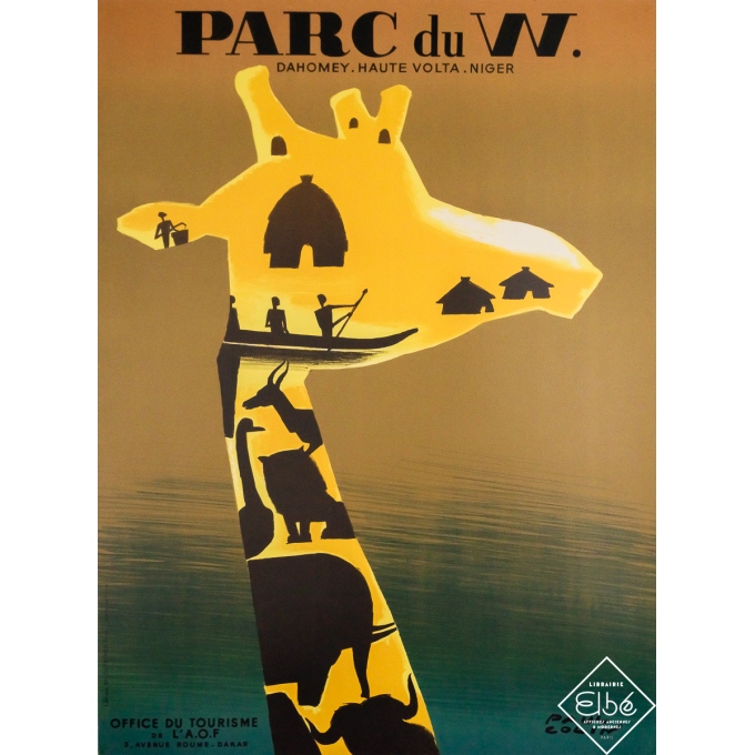 Affiche ancienne originale de voyage - Parc du W Dahomey-Haute Volta-Niger - Paul Colin - Circa 1950 - 85 par 63 cm