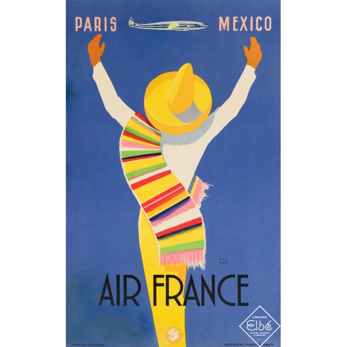 Original vintage travel poster Air France Paris Mexico - Maurus - Circa 1950 - 19.69 by 12.2 inches