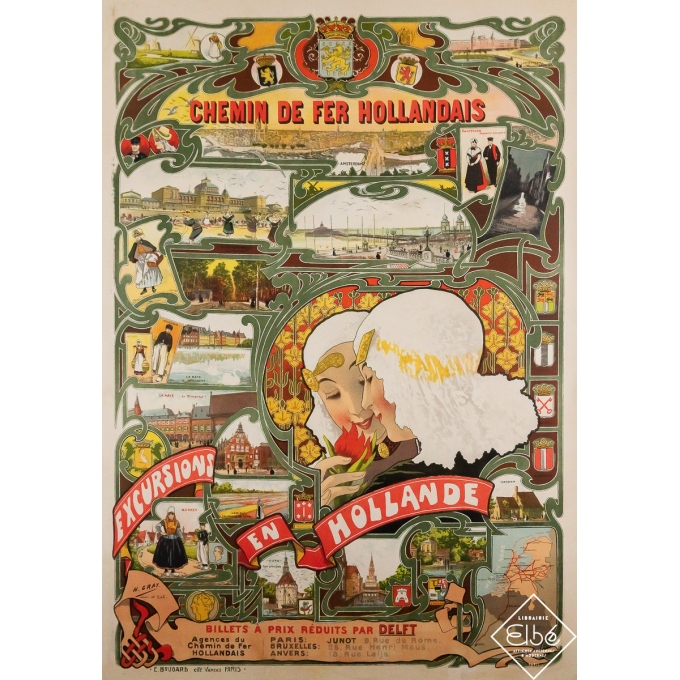 Affiche ancienne originale de voyage - Excursions en Hollande - H. Gray - Circa 1900 - 106.5 par 74.5 cm