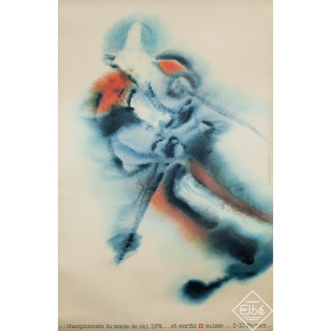 Affiche ancienne originale - Championnats du monde de ski 1974 Saint Moritz Suisse - Eugen Bachmann - 100 par 64.5 cm