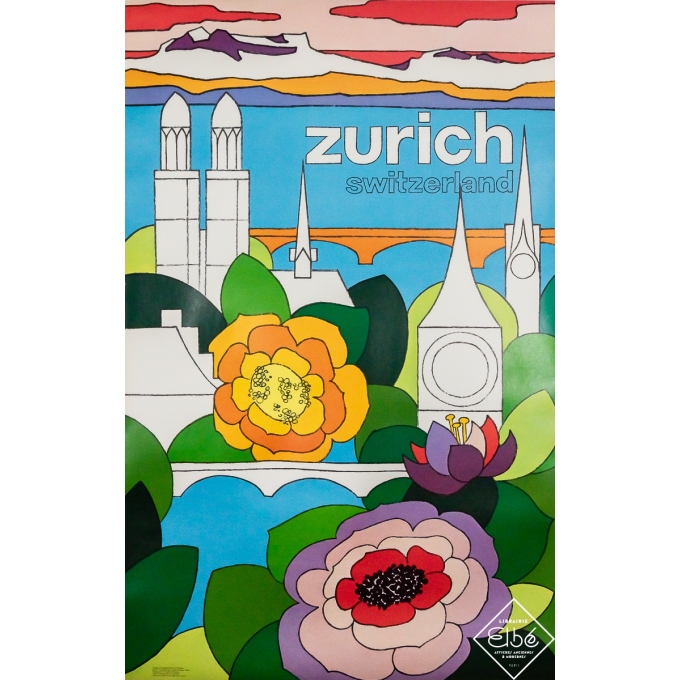 Original vintage travel poster Zurich Switzerland - Angelica Grazioli - Circa 1970 - 39.76 by 25.2 inches