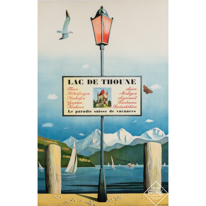 Affiche ancienne originale de voyage - Lac de Thoune - Suisse - Circa 1950 - 100 par 64 cm