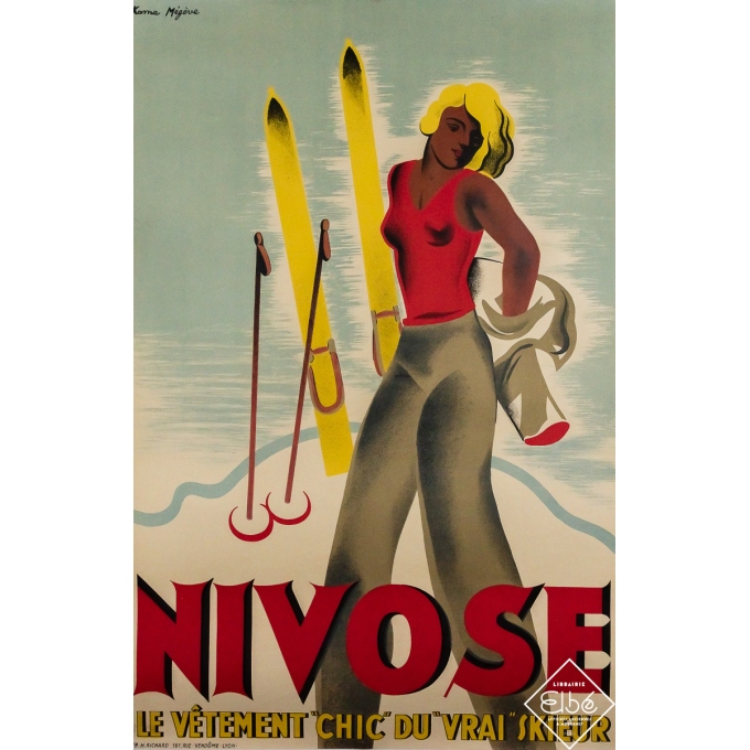 Affiche ancienne originale de publicité - Nivose le vêtement chic du vrai skieur - Kama - Circa 1930 - 116 par 75.5 cm