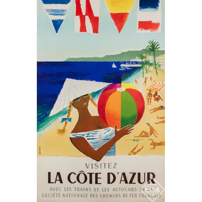 Original vintage travel poster Visitez la côte d’Azur - France - French Railways - SNCF - Dubois - 38.98 by 24.8 inches