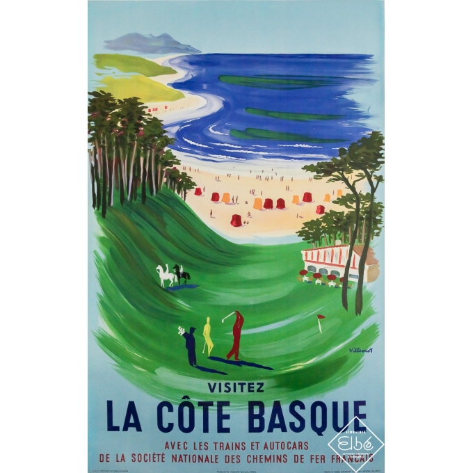 Affiche ancienne originale de voyage - Visitez la côte basque - SNCF - Bernard Villemot - 99 par 62.5 cm